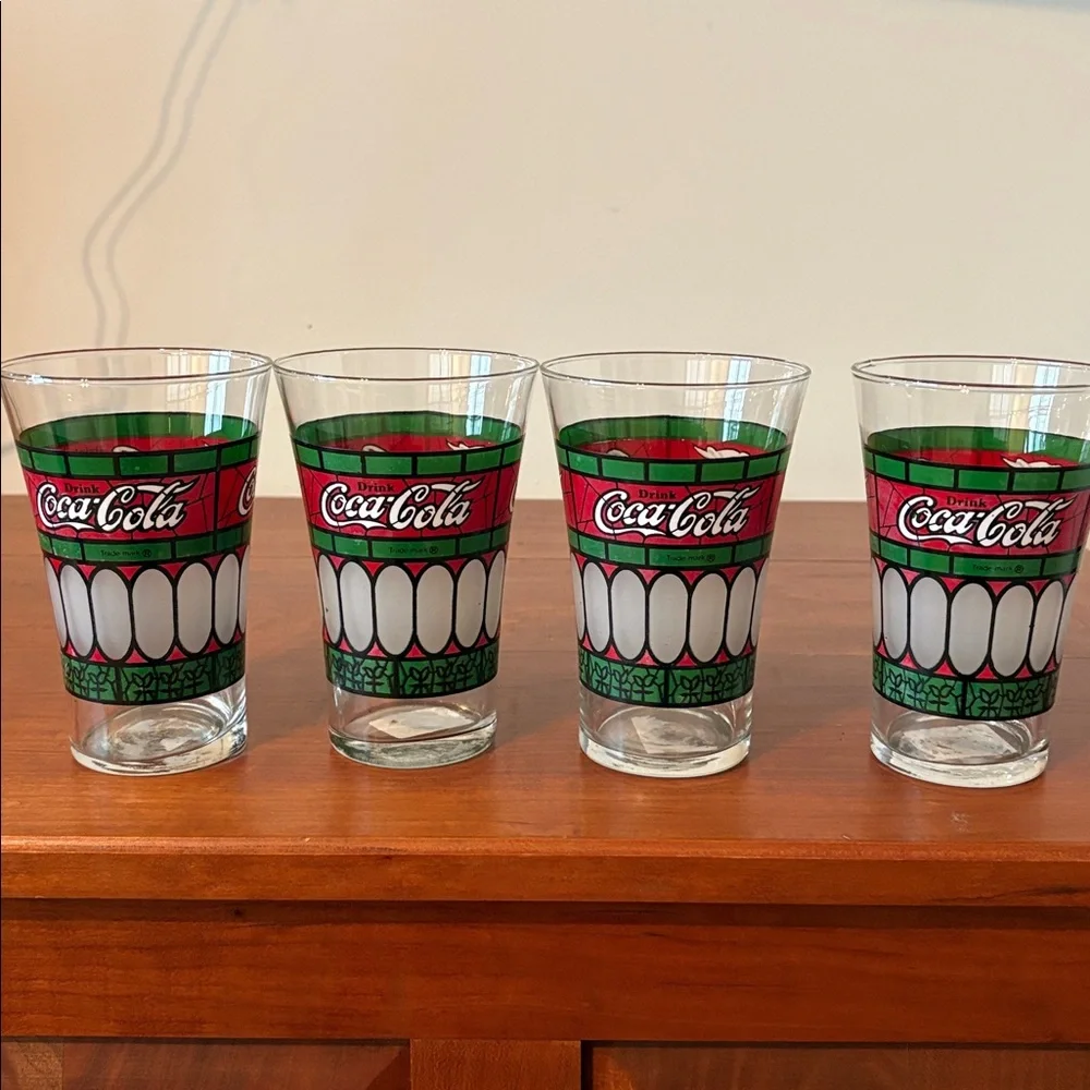 Vintage Coca Cola Tiffany Style Glasses Set of 4 Retro Stained Glass Tumblers